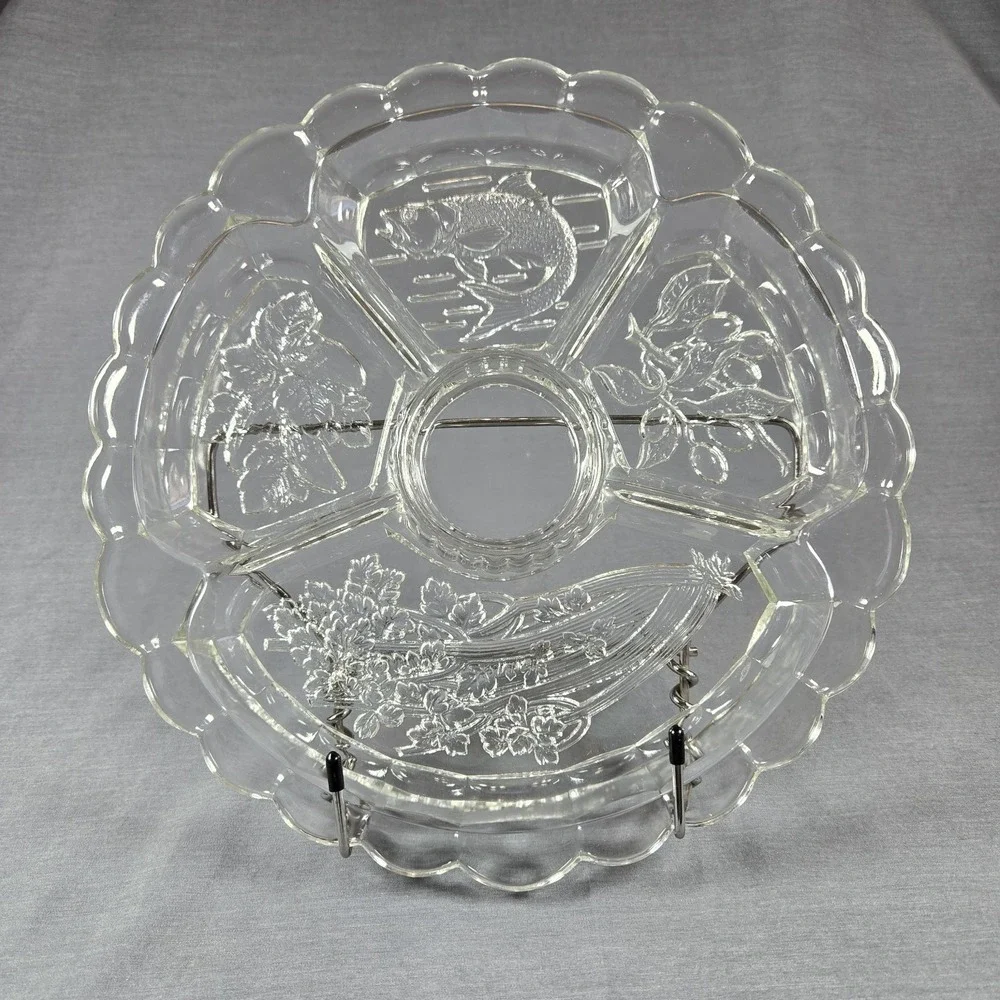 Vintage Clear Pressed Glass Divided Relish Tray‎ 5 Section Scalloped Floral 12